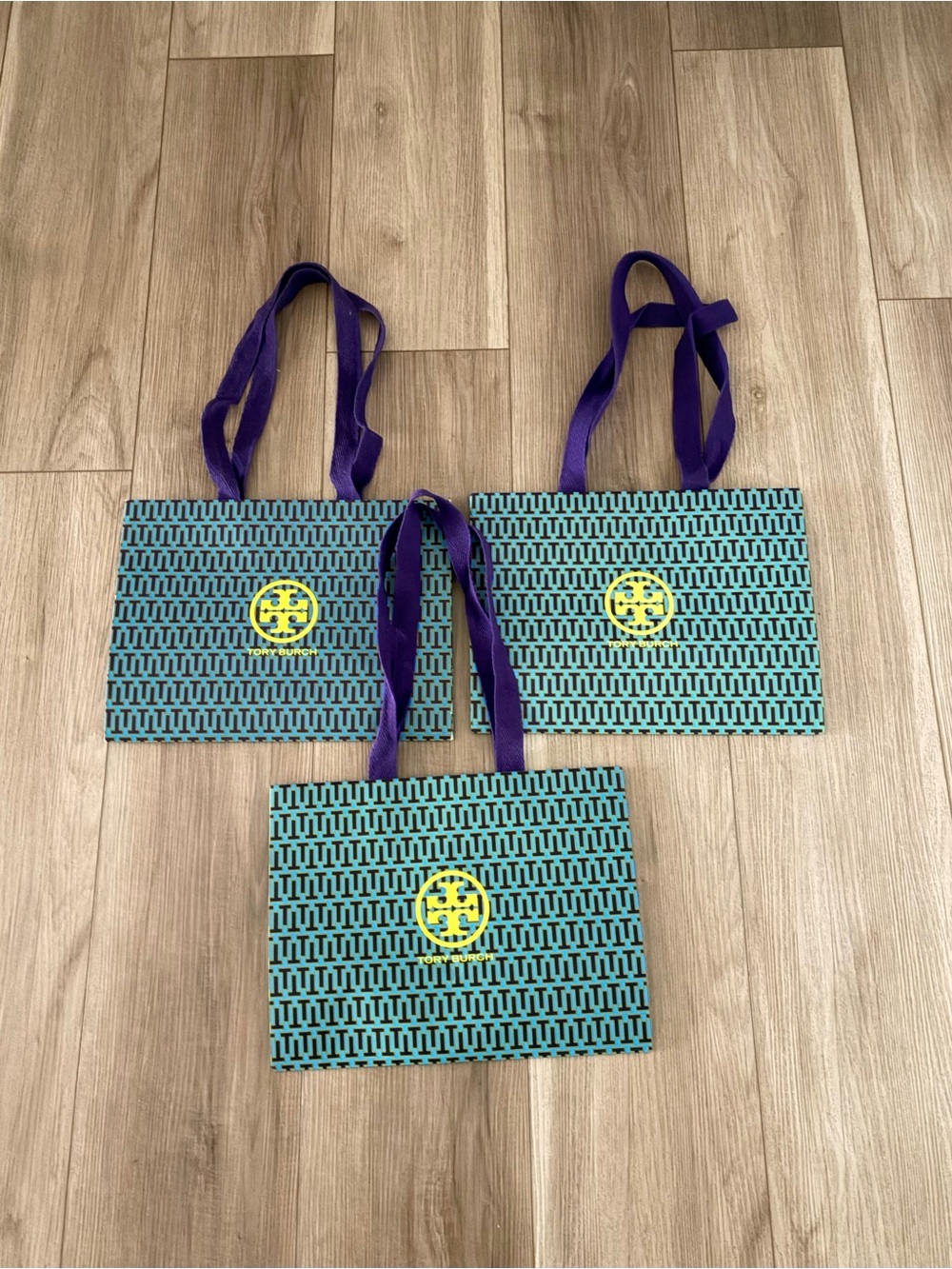 Tory Burch Blue-Green Logo Shopping Paper Bag with Purple Handles